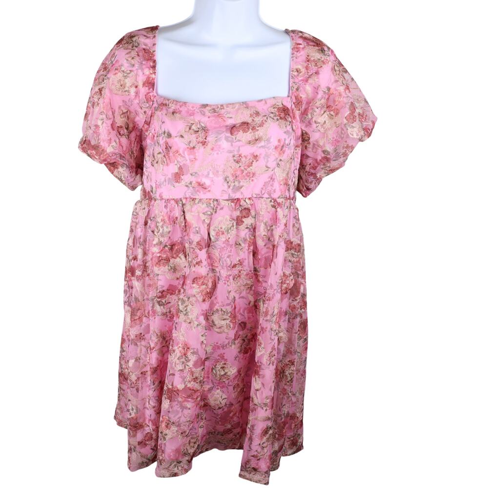Audrey Parks Pink Floral Babydoll Dress Puff Sleeve Square Neck Size L